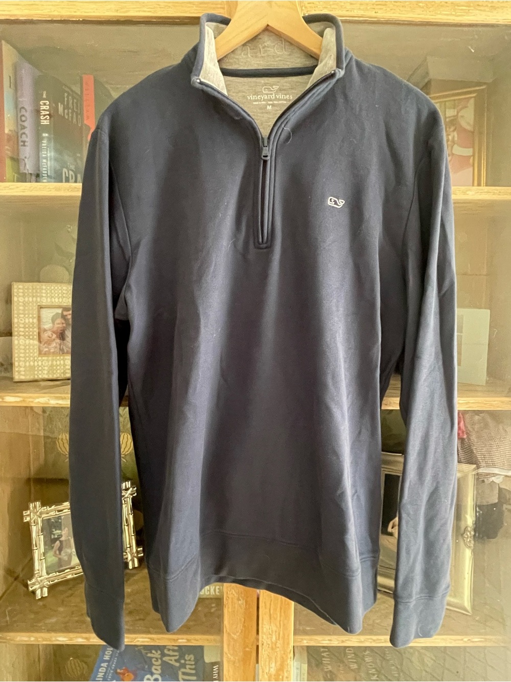 Vineyard Vines Men's Navy Quarter-Zip Sweater with Light Gray Trim